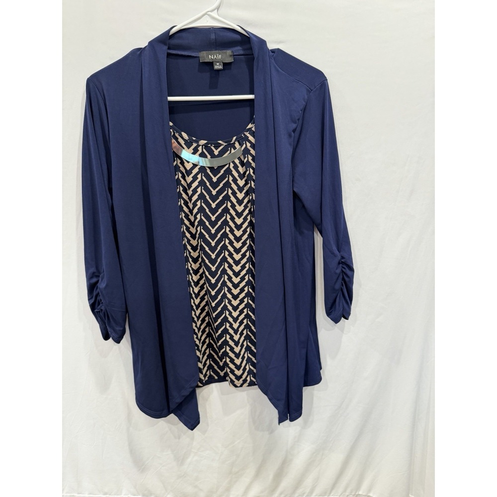 NAÏF 2-Piece Set Navy Blue Cardigan Chevron Print Metal Accent Top Knit Sz M